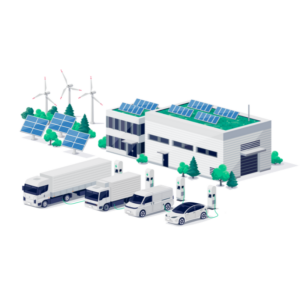 Graphic of trucks, building and solar panels