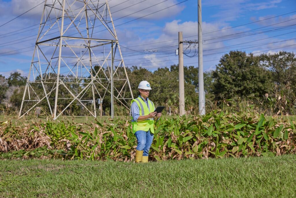 Person in a field with transmission lines in the background